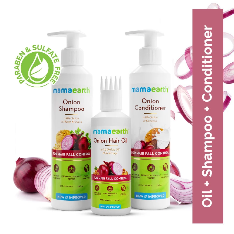 Mamaearth Onion Anti Hair Fall Spa Range with Shampoo + Conditioner + Oil for Hair Fall Control, 650 ml-1.webp